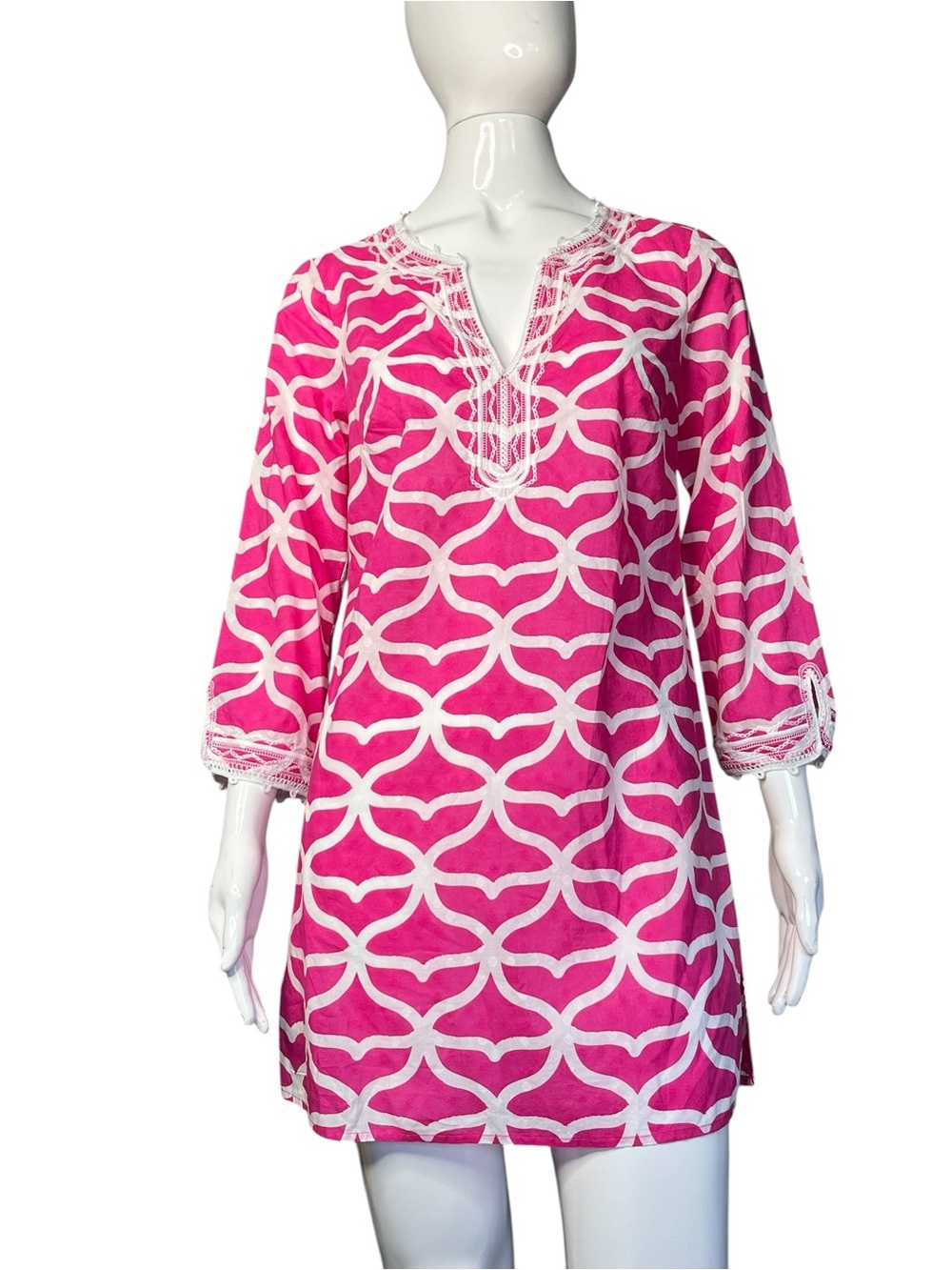 Vineyard Vines Fuchsia White Whale-Tail Print Embroidered Y-Neck Tunic Sz XS